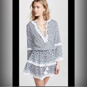 Melissa Claudia Odabash White & Blue Aztec Print Fringe Mini or Coverup-Sz small